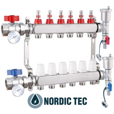 Collettore inossidabile per riscaldamento e riscaldamento a pavimento Nordic Tec INOX 6 circuiti