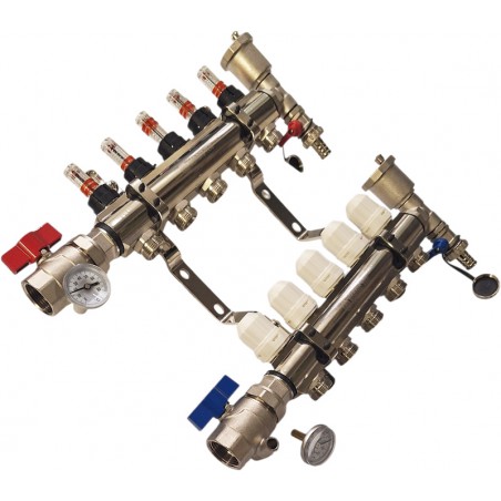 Collettore per riscaldamento a pavimento 5 uscite con valvole e termometri Nordic Tec
