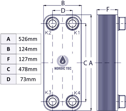 Disegno tecnico dello scambiatore di calore per pompa di calore 20 kW