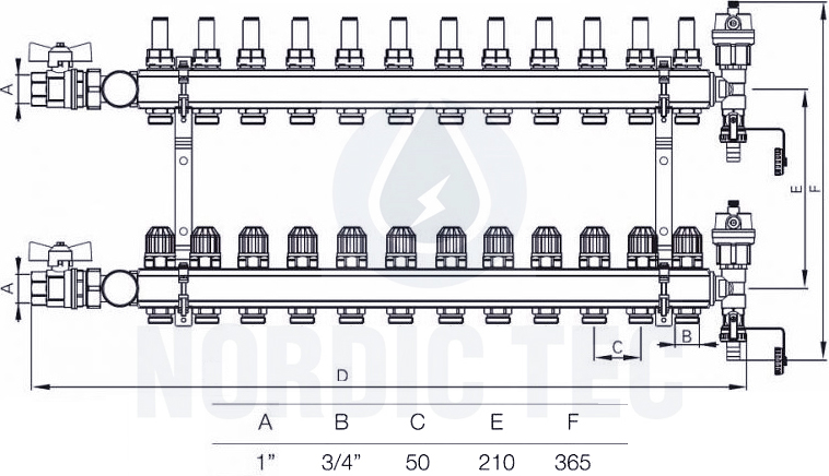 Collettore per riscaldamento centralizzato Nordic Tec a 12 vie - per pavimento o radiatori