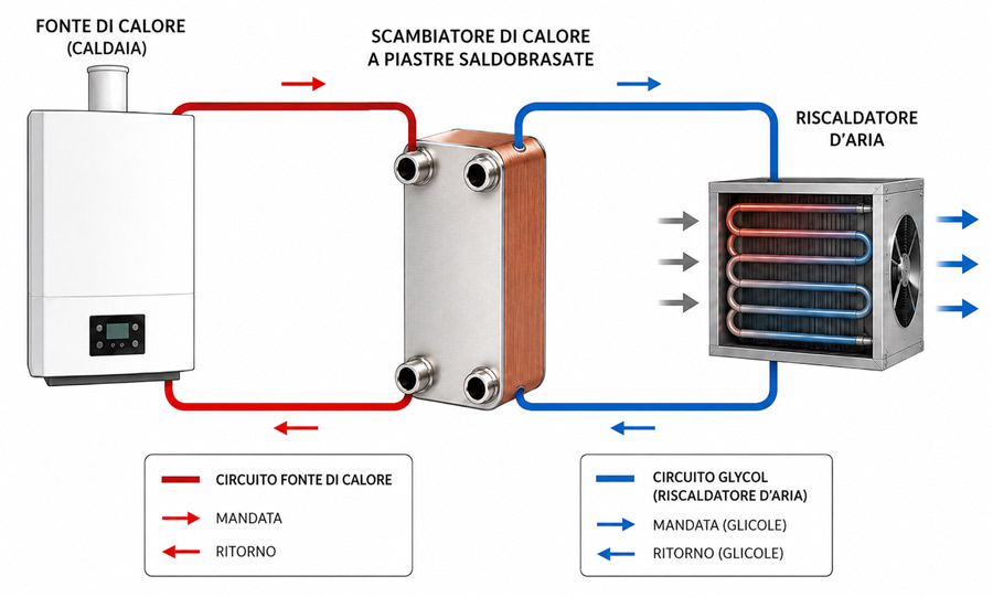 Schema semplificato dell'impianto con scambiatore di calore a piastre e aerotermo